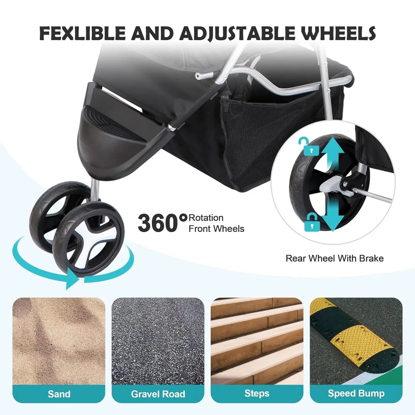 Foldable 3 Wheeled Pet Stroller for Cats and Dogs