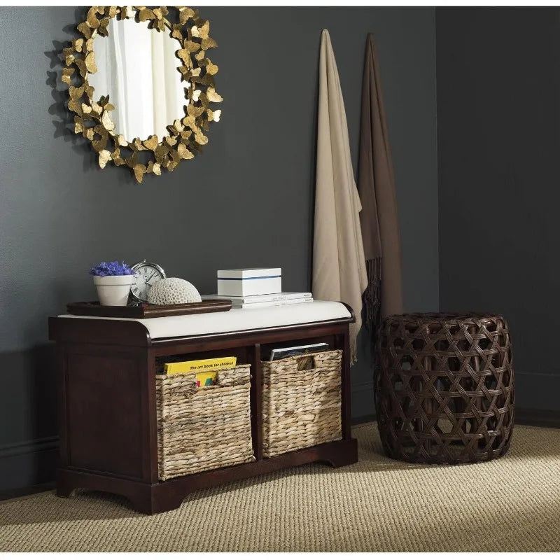 Brown/ Wicker Basket 2-Drawer Storage Bench with Cushion (Fully Assembled)