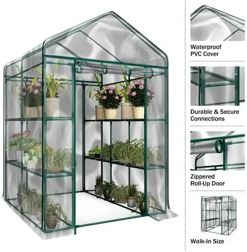 Walk in Greenhouse with 8 Sturdy Shelves and PVC Cover Indoor or Outdoor