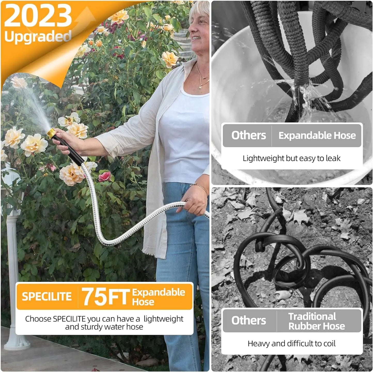 304 Stainless Steel 75 FT Expandable Garden Hose, Collapsible Lightweight Flexible with Solid Brass Fittings