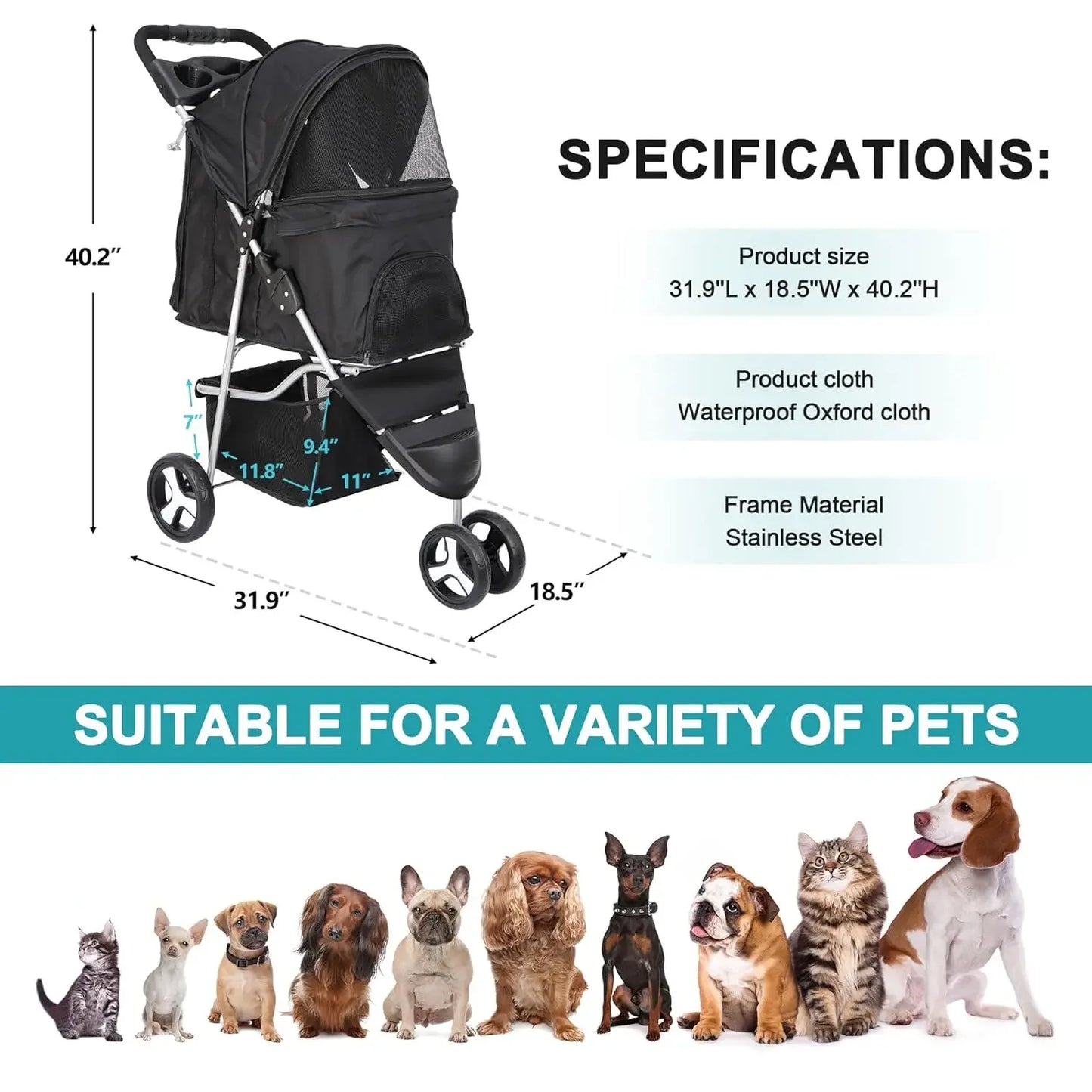 Foldable 3 Wheeled Pet Stroller for Cats and Dogs