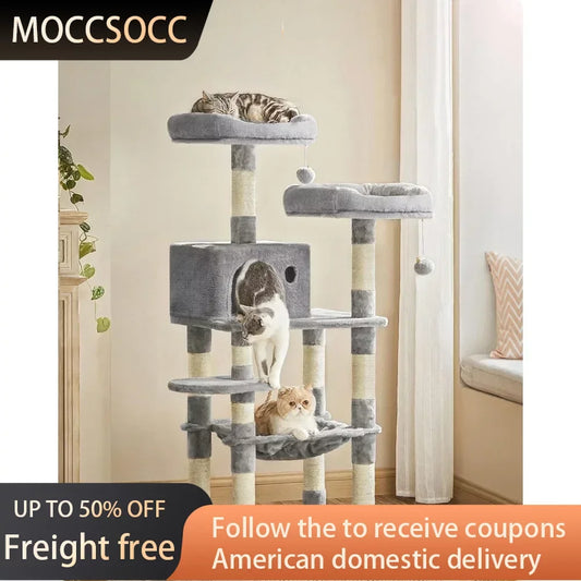 56.3-Inch Cat Condo With Scratching Posts Cat Tower With Plush Cat Perch