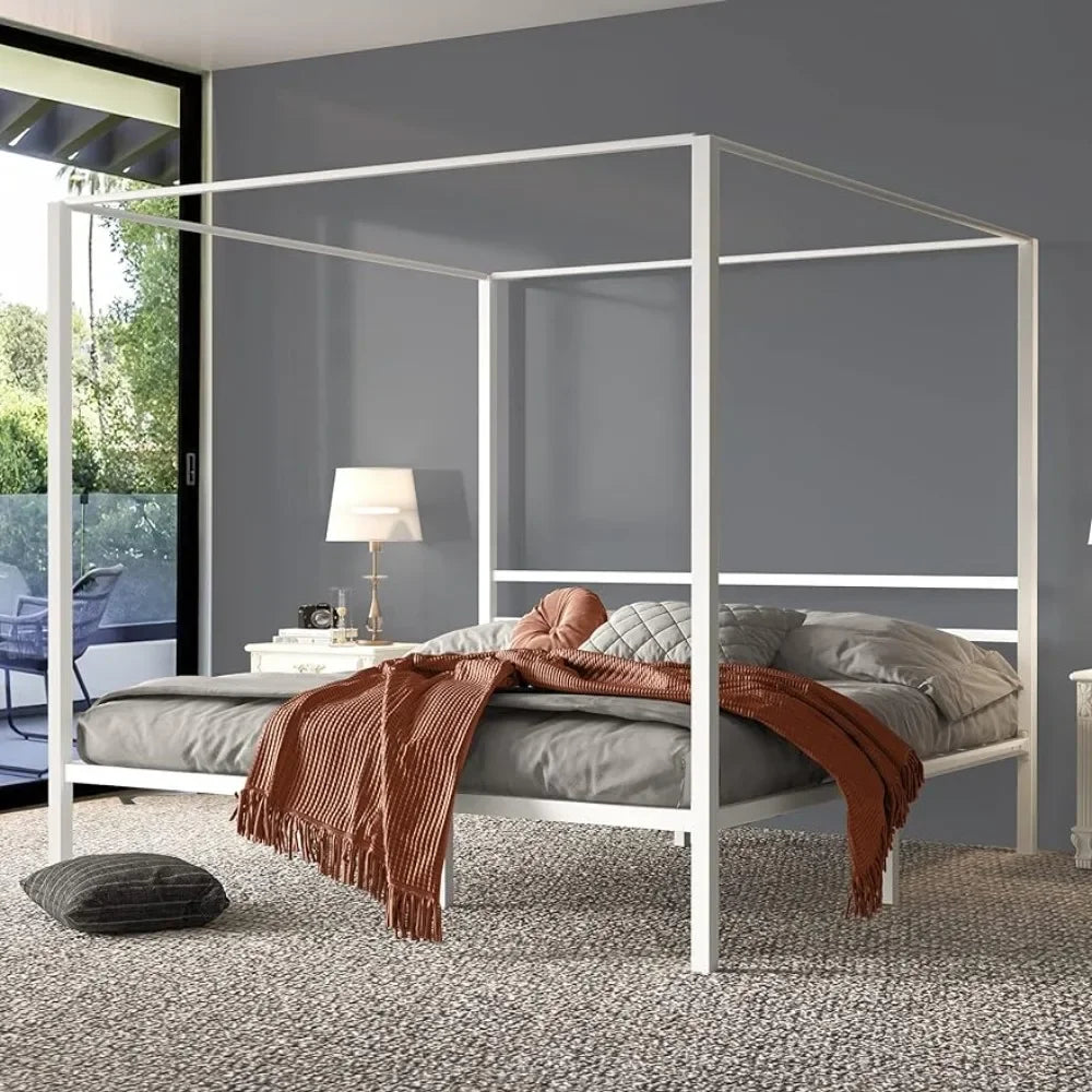 Metal Four Post Canopy Bed Frame 14 Inch Platform, No Springs Required, White, King/Queen Size Bed