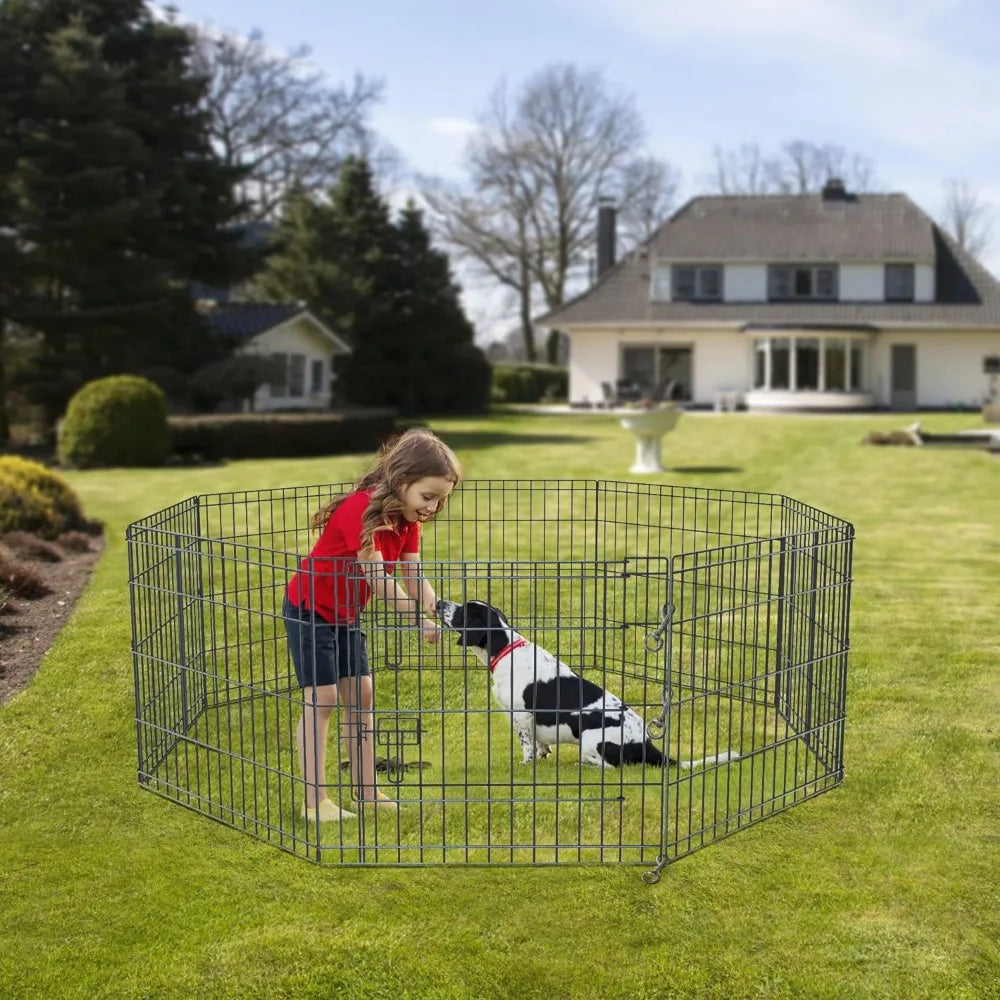 Metal Dog Exercise Playpen Gate 8 Panels 24 Inch Height  with Bottom Pad for Animals