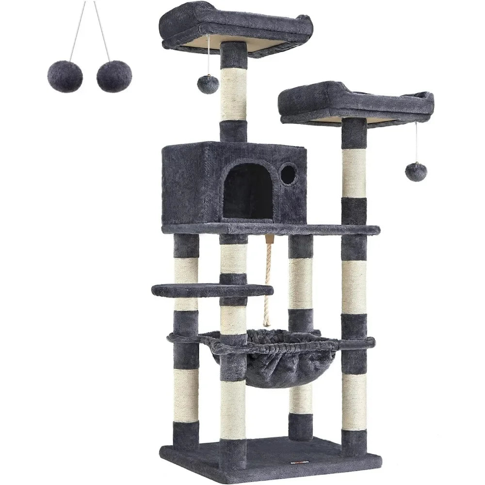 56.3-Inch Cat Condo With Scratching Posts Cat Tower With Plush Cat Perch