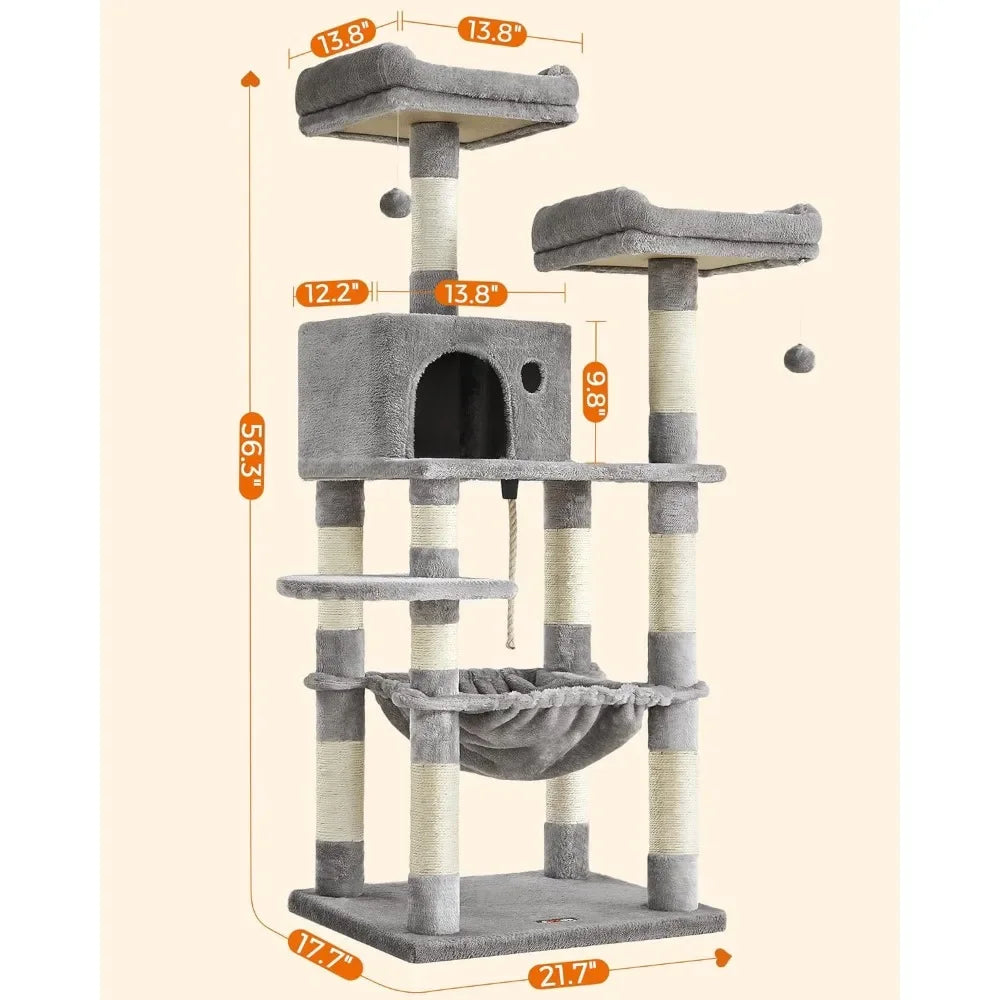 56.3-Inch Cat Condo With Scratching Posts Cat Tower With Plush Cat Perch