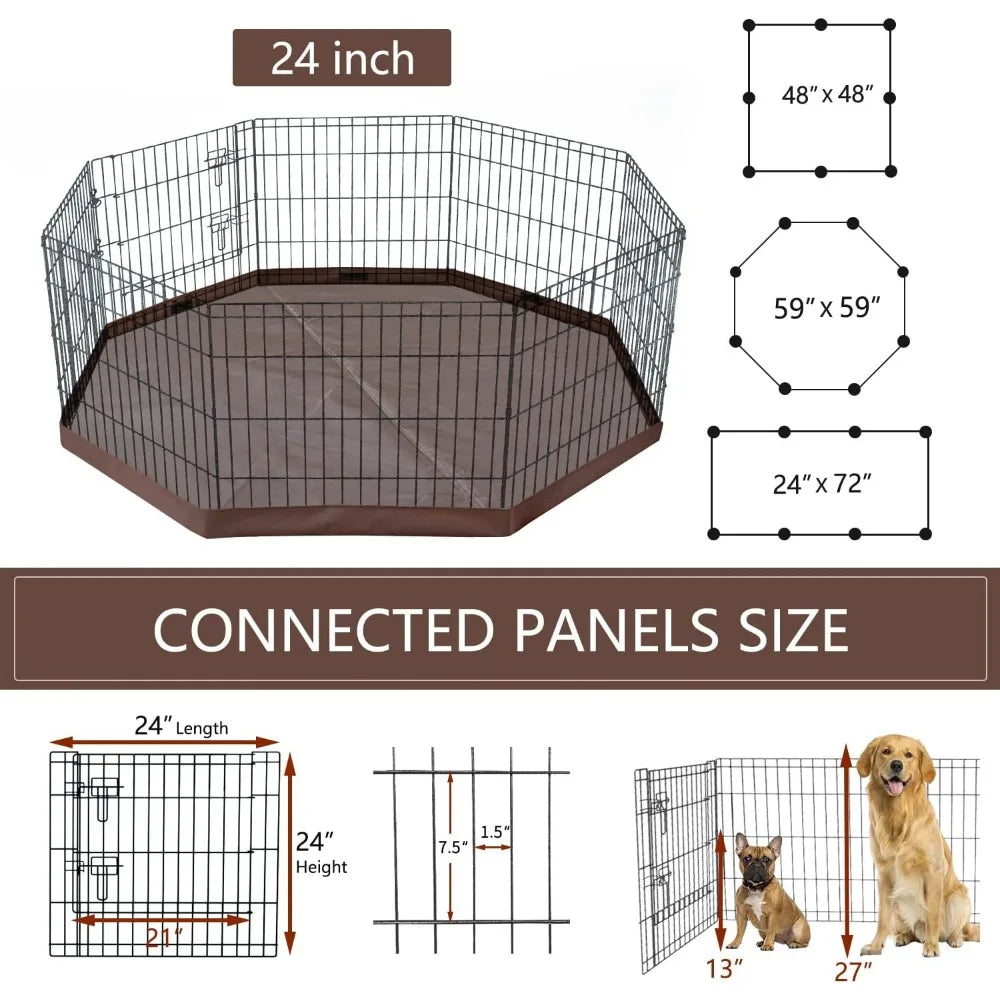 Metal Dog Exercise Playpen Gate 8 Panels 24 Inch Height  with Bottom Pad for Animals