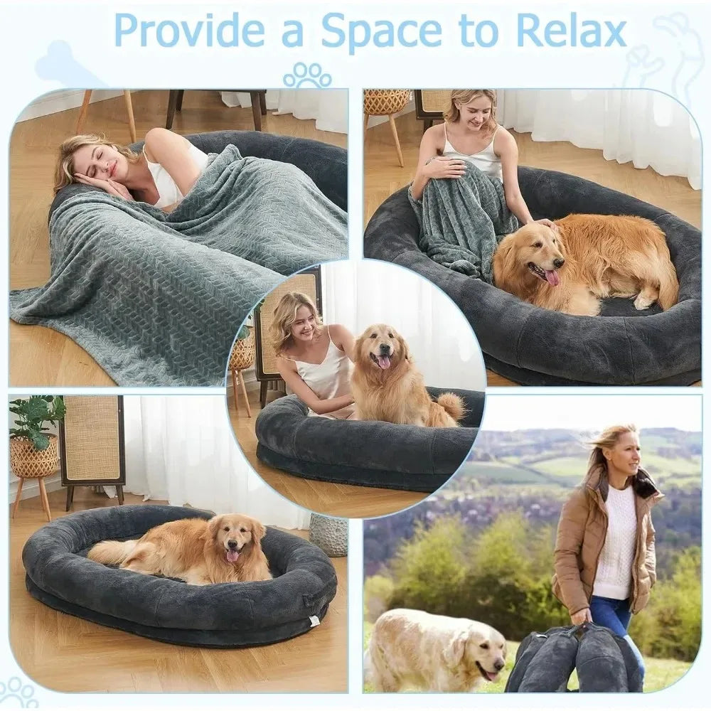 Human Sized Dog Bed for People  Bed Dark Grey, black 72"x48"x10"