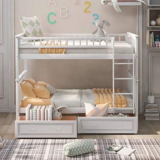 Convertible Wood Twin-Over-Twin Bunk Bed with Storage Drawers and Ladder