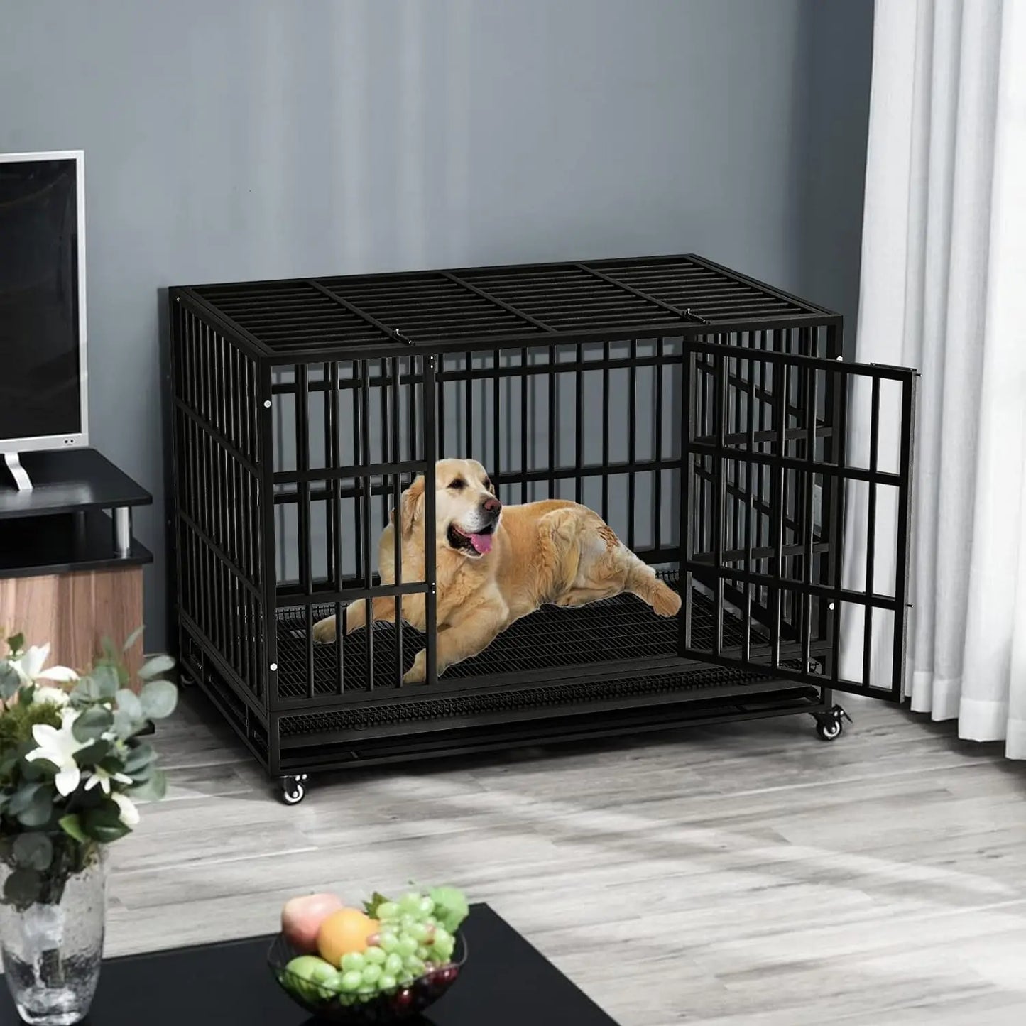 48/38 inch Heavy Duty Indestructible Dog Crate with Lockable Wheels