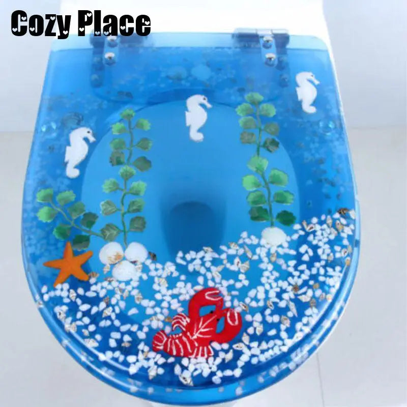 Transparent Elongated Resin Toilet Seat Cover with Shells and Fish