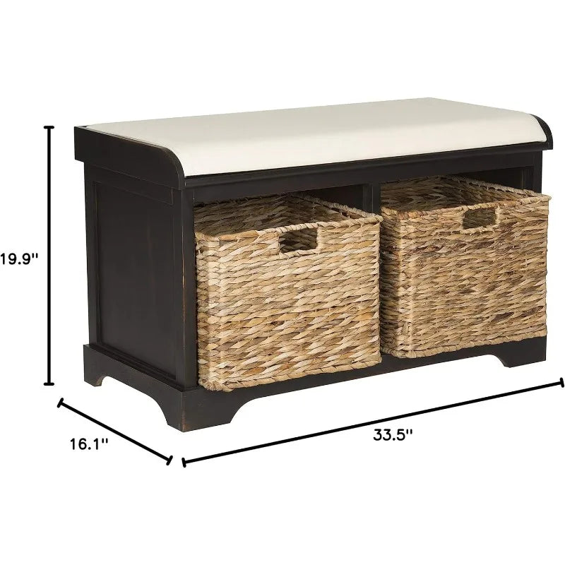 Brown/ Wicker Basket 2-Drawer Storage Bench with Cushion (Fully Assembled)