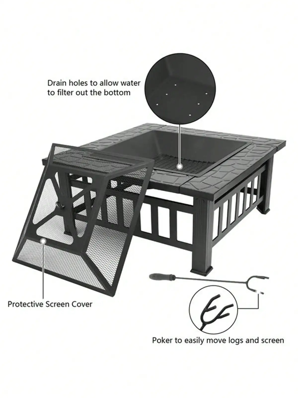 32-inch Portable Courtyard Metal Fire Bowl with Accessories Black, 32" L x 32" W x 17" H