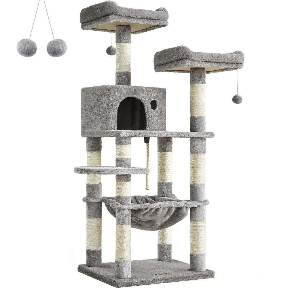 56.3-Inch Cat Condo With Scratching Posts Cat Tower With Plush Cat Perch