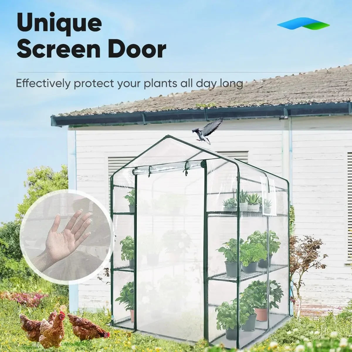 Greenhouse with Screen Door & Windows, 3 Tiers 8 Shelves Mini Walk- In