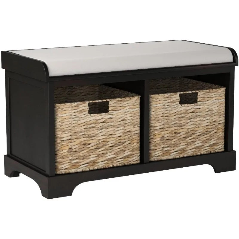 Brown/ Wicker Basket 2-Drawer Storage Bench with Cushion (Fully Assembled)