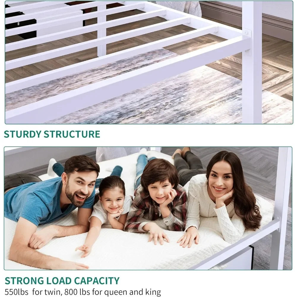 Metal Four Post Canopy Bed Frame 14 Inch Platform, No Springs Required, White, King/Queen Size Bed