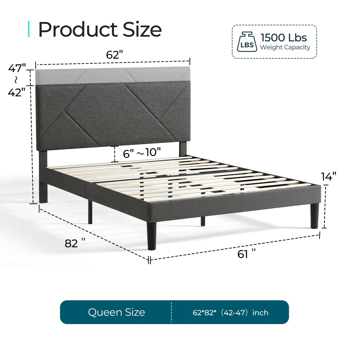 LINSY HOME Full/ Queen Bed Frame with Adjustable Headboard, Linen Upholster Bed Frame with Wooden Slats Support, NO Box Spring Needed