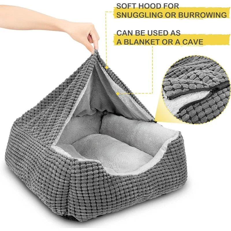 Rectangle Cave Hooded Anti-Anxiety Orthopedic Cat/Dog Bed Machine Washable