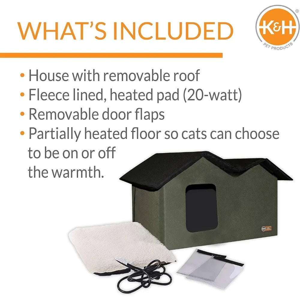 Outdoor Heated Cat House Extra-Wide Olive/Black 26.5 X 15.5 X 21.5 Inches