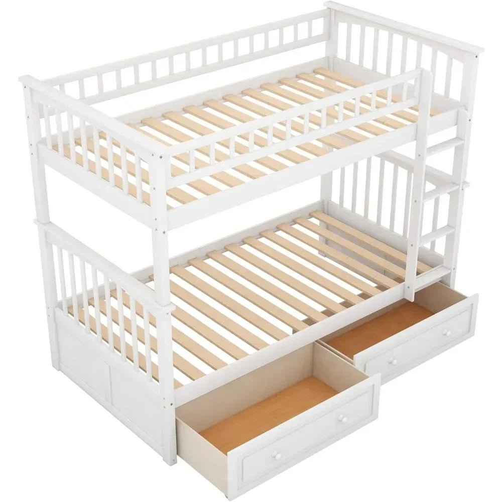 Convertible Wood Twin-Over-Twin Bunk Bed with Storage Drawers and Ladder