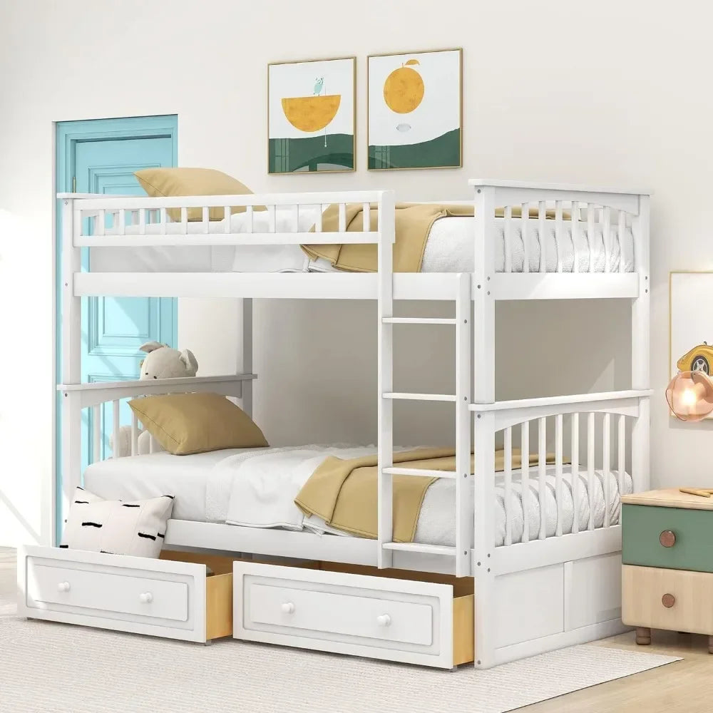 Convertible Wood Twin-Over-Twin Bunk Bed with Storage Drawers and Ladder