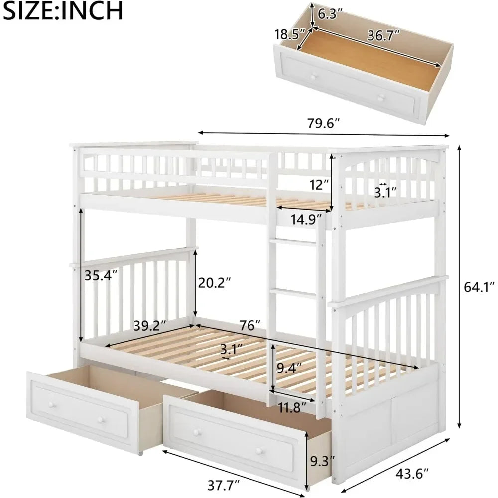 Convertible Wood Twin-Over-Twin Bunk Bed with Storage Drawers and Ladder