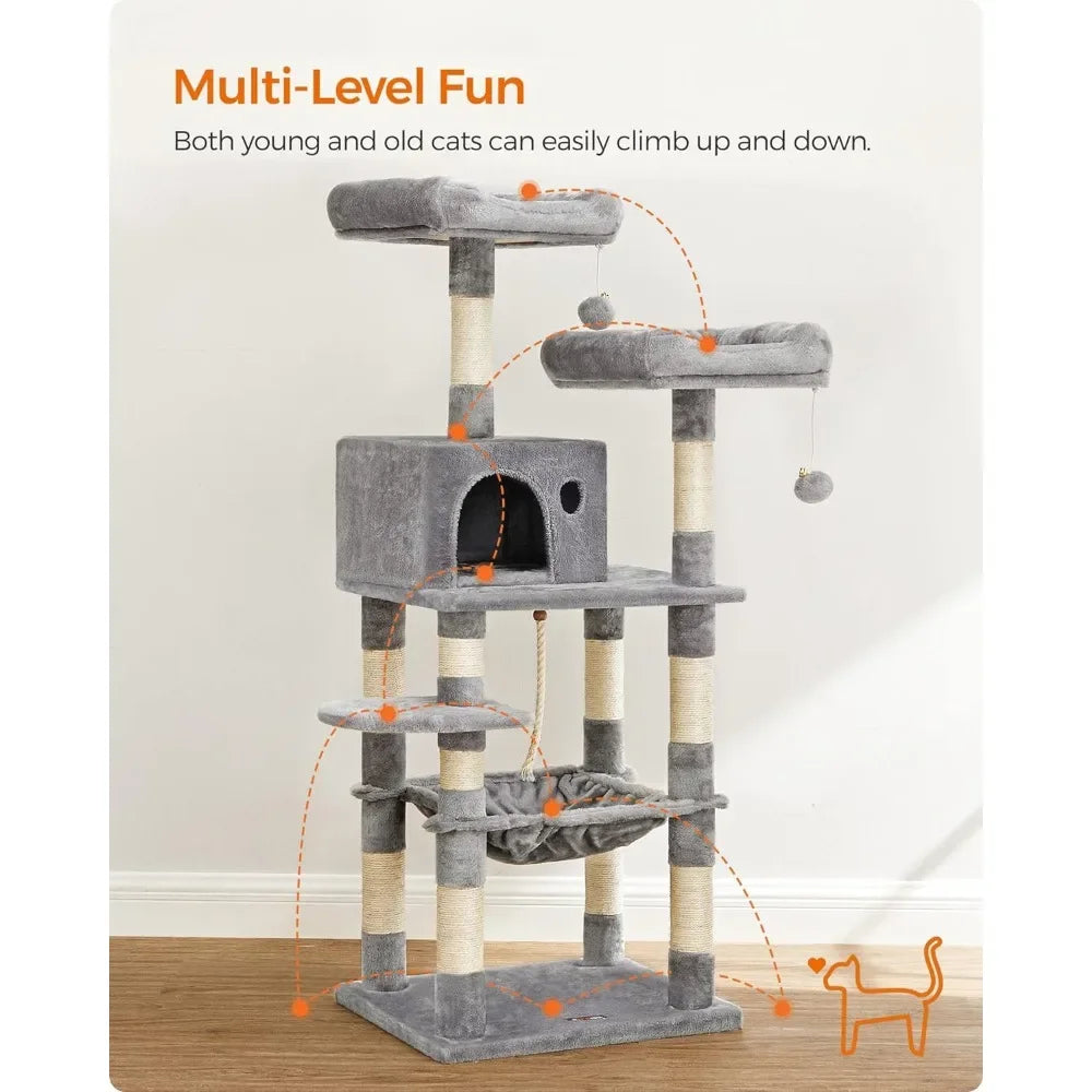 56.3-Inch Cat Condo With Scratching Posts Cat Tower With Plush Cat Perch